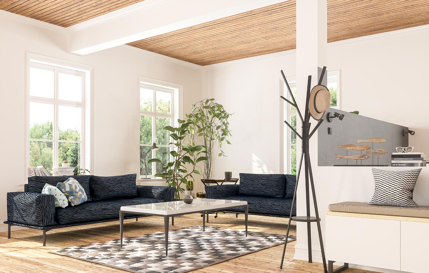 Paneele und Holzpaneel - moderne Deckengestaltung modernes Wohnzimmer - heller Raum mit Holzdecke