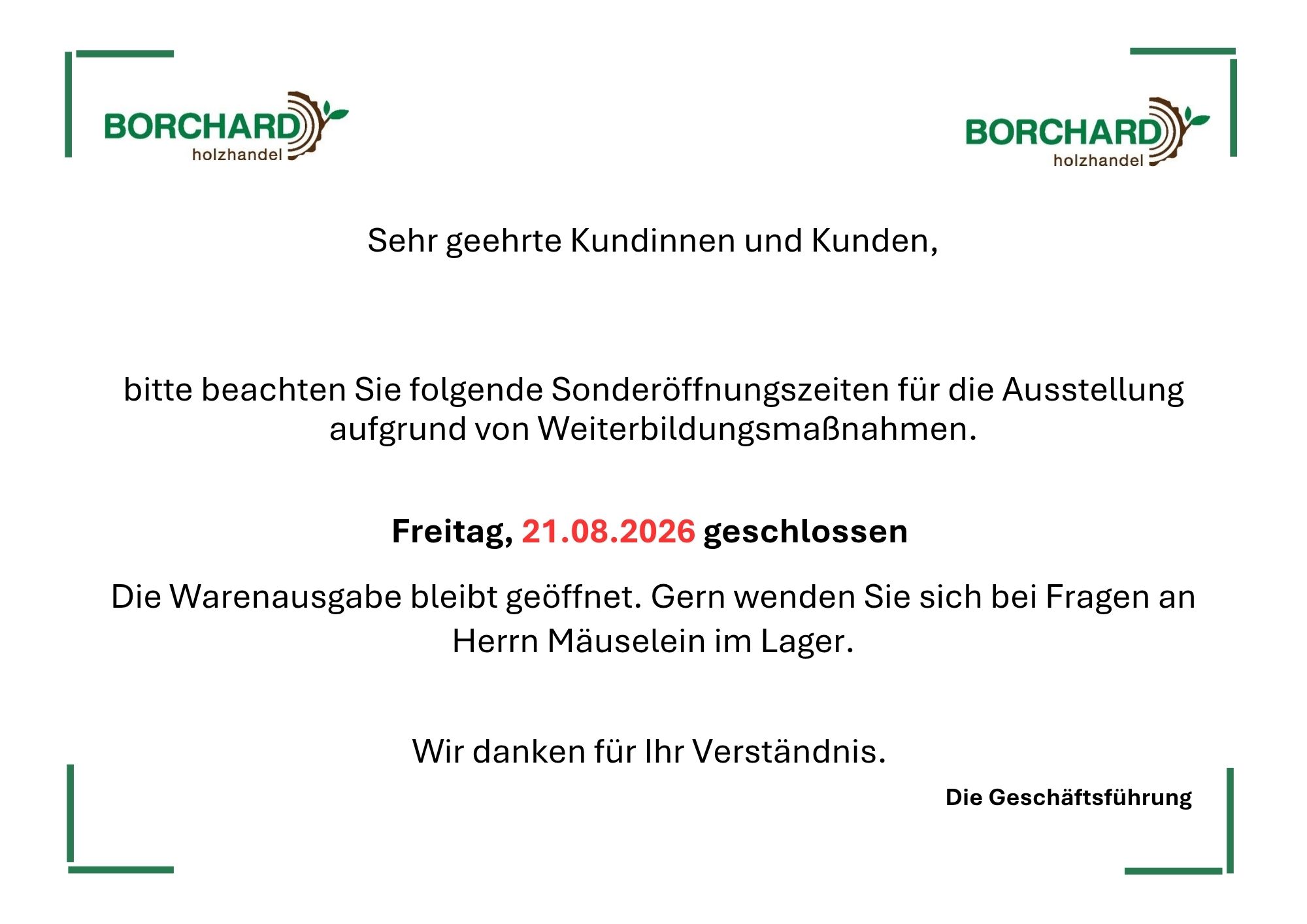 Hinweis Öffnungszeiten